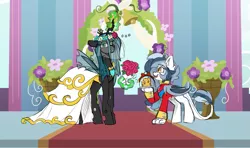 Size: 1327x788 | Tagged: safe, artist:star_theft, derpibooru import, queen chrysalis, oc, oc:cobalt comet, bat pony, changeling, hippogriff, annoyed, bouquet, canterlot, canterlot wedding 10th anniversary, cheese, clothes, colored sketch, dress, excited, female, flower, food, funny, happy, humor, image, insect wings, marriage, png, sketch, uniform, wedding, wedding dress, wedding veil, wings