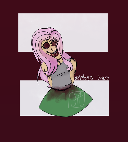 Size: 1215x1351 | Tagged: grimdark, artist:jellyaya, derpibooru import, fluttershy, human, blood, clothes, fangs, flutterschmooze, humanized, image, png, signature, skirt, stitches, tanktop