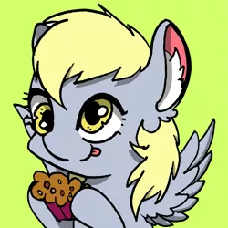 Size: 1951x1951 | Tagged: safe, artist:rainbowwing, derpibooru import, derpy hooves, pegasus, pony, :3, derp, ear fluff, female, food, green background, hoof hold, image, mare, muffin, png, simple background, solo, spread wings, tongue out, wings