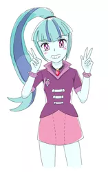 Size: 1765x2815 | Tagged: safe, artist:auntie_grub, derpibooru import, sonata dusk, equestria girls, bracelet, cute, female, gem, grin, image, jpeg, looking at you, peace sign, simple background, siren gem, smiling, smiling at you, solo, sonatabetes, spiked wristband, white background, wristband