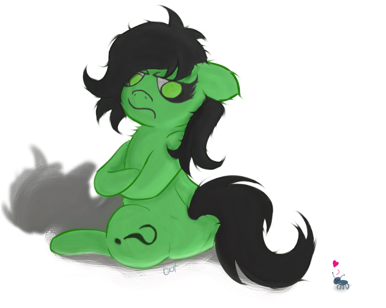 Size: 1567x1252 | Tagged: safe, artist:botckap, derpibooru import, oc, oc:anon, oc:anonfilly, earth pony, insect, pony, angry, chest fluff, derpibooru exclusive, ear fluff, female, filly, foal, green coat, green eyes, heart, image, png, simple background, white background