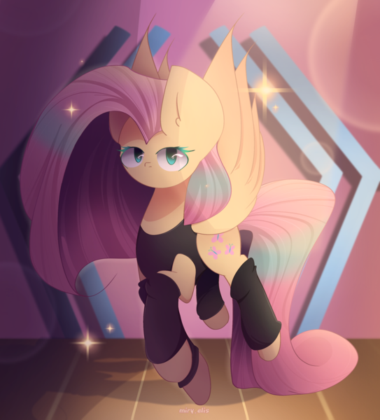 Size: 2400x2650 | Tagged: safe, artist:miryelis, derpibooru import, fluttershy, butterfly, insect, pegasus, pony, bodysuit, clothes, fanart, female, flying, full body, image, long hair, looking at you, png, signature, socks, solo, sparkles, stage, stockings, thigh highs, wings