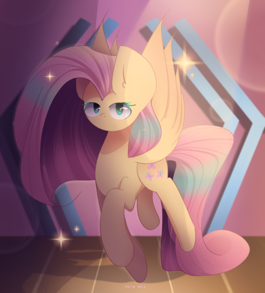 Size: 2400x2650 | Tagged: safe, alternate version, artist:miryelis, derpibooru import, fluttershy, butterfly, insect, pegasus, pony, fanart, female, flying, full body, image, long hair, looking at you, png, solo, sparkles, stage, wings