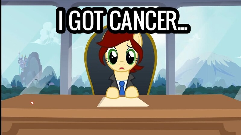 Size: 1286x720 | Tagged: safe, artist:jan, derpibooru import, edit, edited screencap, screencap, oc, oc:canni soda, earth pony, pony, cancer (disease), caption, desk, female, image, image macro, jpeg, looking at you, mare, sad, solo, text