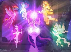 Size: 1024x754 | Tagged: safe, artist:heebiejeebies, derpibooru import, applejack, fluttershy, pinkie pie, rainbow dash, rarity, twilight sparkle, earth pony, pegasus, pony, unicorn, friendship is magic, big crown thingy, castle of the royal pony sisters, element of generosity, element of honesty, element of kindness, element of laughter, element of loyalty, element of magic, elements of harmony, floating, glow, glowing eyes, image, jewelry, jpeg, mane six, regalia, scene interpretation, unicorn twilight