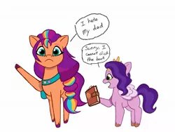 Size: 1978x1491 | Tagged: safe, artist:allisonpopick, derpibooru import, pipp petals, sunny starscout, earth pony, pegasus, pony, my little pony: tell your tale, book, boomer humor, duo, duo female, female, g5, image, implied argyle starshine, jpeg, mare, raised leg, simple background, white background