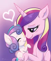 Size: 1280x1521 | Tagged: safe, artist:catscratchpaper, derpibooru import, princess cadance, princess flurry heart, alicorn, pony, baby, baby pony, duo, duo female, eyes closed, female, gradient background, heart, image, jpeg, mare, mother and child, mother and daughter, mother's day