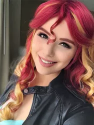 Size: 901x1200 | Tagged: safe, artist:maddymoiselle, derpibooru import, edit, sunset shimmer, human, equestria girls, artificial intelligence, beautiful, bust, clothes, eyelashes, female, focus, hair, humanized, image, jacket, jpeg, leather jacket, lipstick, makeup, photo, portrait, redhead, smiling, solo, solo female, wig, woman