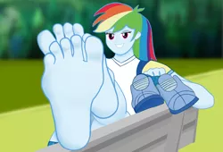 Size: 1980x1344 | Tagged: safe, derpibooru import, rainbow dash, equestria girls, barefoot, feet, fetish, foot fetish, foot focus, image, png, shoes removed, soles, toes