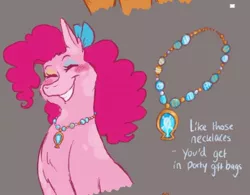 Size: 940x733 | Tagged: safe, artist:heebiejeebies, derpibooru import, part of a set, pinkie pie, earth pony, pony, bow, coat markings, element of laughter, eyes closed, gray background, grin, hair bow, image, jewelry, jpeg, necklace, redesign, simple background, smiling, solo