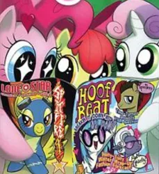 Size: 399x436 | Tagged: safe, artist:amymebberson, derpibooru import, edit, idw, apple bloom, doctor whooves, hoity toity, pinkie pie, spitfire, sweetie belle, time turner, vinyl scratch, earth pony, pegasus, pony, unicorn, bow, comic book, cover, cropped, female, filly, floppy ears, foal, frown, glasses, goggles, hair bow, heart, hoof beat, horn, image, jpeg, lone star, magazine, smiling, sparkles, speech bubble, spread wings, starry eyes, stars, teen beat, text, wingding eyes, wings, wonderbolts