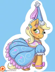 Size: 910x1179 | Tagged: safe, derpibooru import, applejack, pony, look before you sleep, beautiful, clothes, dress, embarrassed, female, flower, flower in hair, froufrou glittery lacy outfit, hat, hennin, image, jpeg, looking at you, mare, patreon, patreon logo, pretty, princess, princess applejack, scrunchy face, solo