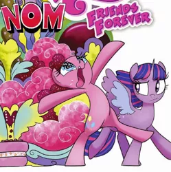 Size: 397x398 | Tagged: safe, artist:brendahickey, derpibooru import, pinkie pie, twilight sparkle, twilight sparkle (alicorn), alicorn, earth pony, pony, spoiler:comicff12, bipedal, comic, confused, cover, covering, female, horn, image, jpeg, mare, phenomnomenons, smiling, spread wings, tongue out, wings