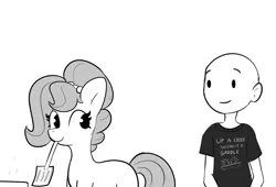 Size: 4326x2948 | Tagged: safe, artist:tjpones, derpibooru import, oc, oc:brownie bun, oc:richard, unofficial characters only, earth pony, human, pony, horse wife, black and white, duo, female, grayscale, image, looking at each other, looking at someone, male, mare, married couple, monochrome, mouth hold, oc x oc, png, shipping, simple background, spatula, straight, white background