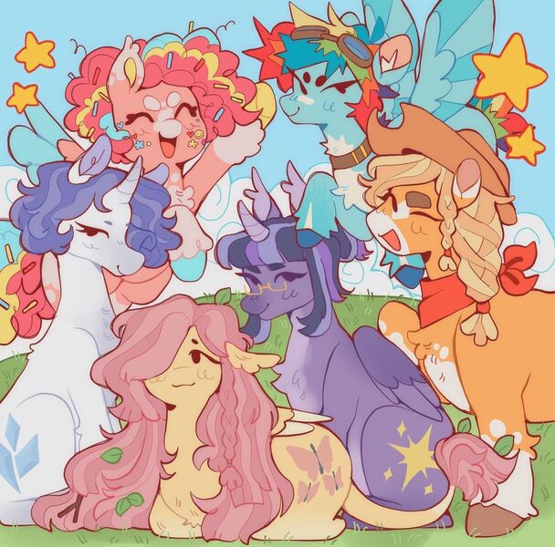 Size: 1080x1066 | Tagged: safe, artist:souchibag, derpibooru import, applejack, fluttershy, pinkie pie, rainbow dash, rarity, twilight sparkle, twilight sparkle (alicorn), alicorn, earth pony, pegasus, pony, unicorn, ^^, alternate cutie mark, alternate design, alternate hairstyle, applejack's hat, aviator goggles, bandana, braid, chest fluff, coat markings, colored ears, colored hooves, colored wings, colored wingtips, cowboy hat, curved horn, ear fluff, ear tufts, eyes closed, facial markings, female, flying, folded wings, food, glasses, goggles, hat, horn, image, jpeg, leaves, leaves in hair, leg fluff, leonine tail, looking at you, lying down, mane six, mane six opening poses, mare, multicolored mane, one eye closed, open mouth, open smile, pale belly, pegasus pinkie pie, race swap, raised hoof, redesign, short tail, sitting, smiling, snip (coat marking), socks (coat marking), spread wings, sprinkles, standing, star (coat marking), stars, tail, twig, twitterina design, two toned wings, unshorn fetlocks, wall of tags, wings, wink