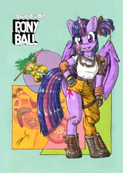 Size: 2481x3508 | Tagged: safe, alternate version, artist:memprices, derpibooru import, edit, twilight sparkle, twilight sparkle (alicorn), alicorn, semi-anthro, background, bicycle, bipedal, boots, bulma, clothes, cosplay, costume, crossover, dragon ball, ear fluff, goggles, high res, horn, image, jumping, logo, logo edit, looking at you, motorcycle, pencil, pencil drawing, png, pony ball, ponytail, posing for photo, shading, shoes, signature, smiling, smiling at you, son goku, traditional art, wings