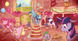 Size: 1500x786 | Tagged: safe, artist:hinoraito, artist:lionel23, derpibooru import, applejack, fluttershy, pinkie pie, princess celestia, princess luna, rainbow dash, rarity, spike, twilight sparkle, alicorn, dragon, earth pony, pegasus, pony, unicorn, balloon, banner, birthday, birthday cake, cake, cookie, cowboy hat, eyes closed, female, floppy ears, flying, food, golden oaks library, hair over one eye, happy birthday luna, hat, image, jpeg, library, male, mane seven, mane six, mare, party, shocked, unicorn twilight, walking, wide eyes