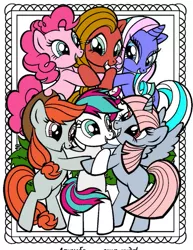 Size: 473x613 | Tagged: safe, derpibooru import, applejack, berry bright, bright eyes, fluttershy, pinkie pie, rainbow dash, rarity, razzaroo, twilight sparkle, wind whistler, zipp storm, alicorn, earth pony, pegasus, unicorn, my little pony tales, coloring page, g1, g1 to g4, g2, g2 to g4, g3, g3 to g4, g4, g5, g5 to g4, generation leap, image, no cutie marks because im lazy, palette swap, png, princess wind whistler, race swap, recolor