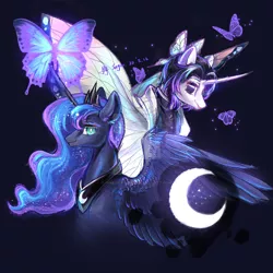 Size: 1280x1280 | Tagged: safe, artist:shu-jeantte, derpibooru import, princess luna, ponified, butterfly, insect, pony, blue eyes, crown, curved horn, feather, female, horn, image, jewelry, jpeg, kochou shinobu, looking at you, mare, peytral, purple eyes, regalia, simple background, smiling, spread wings, wings