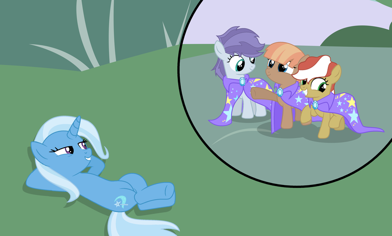 Size: 3852x2316 | Tagged: safe, artist:mcrespin88, derpibooru import, trixie, oc, oc:hazel, oc:honeycrisp, oc:violette, earth pony, pony, unicorn, base used, cape, clothes, colt, crossed legs, earth pony oc, female, filly, foal, grin, high res, hooves behind head, image, lying down, male, mare, offspring, parent:applejack, parent:flim, parent:quibble pants, parent:rainbow dash, parent:rarity, parent:soarin', parents:flimjack, parents:quibbledash, parents:soarity, png, prone, quartet, smiling, trixie's cape