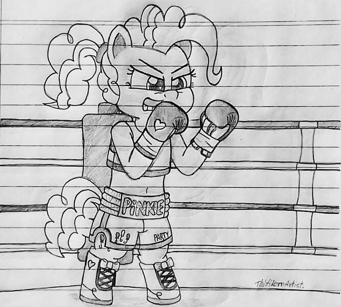 Size: 1280x1151 | Tagged: safe, artist:ct1443ae, derpibooru import, pinkie pie, earth pony, semi-anthro, boxer, boxing, boxing gloves, boxing ring, boxing shorts, clothes, gritted teeth, image, jpeg, lined paper, mouth guard, pencil drawing, shoes, shorts, solo, sports, teeth, traditional art