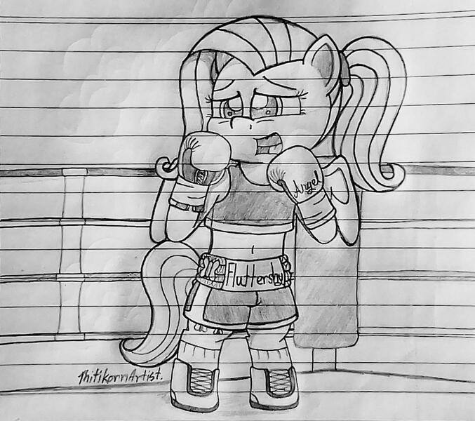 Size: 1280x1135 | Tagged: safe, artist:ct1443ae, derpibooru import, fluttershy, pegasus, semi-anthro, boxing, boxing gloves, boxing ring, boxing shorts, clothes, image, jpeg, lined paper, mouth guard, open mouth, pencil drawing, shoes, shorts, solo, sports, traditional art