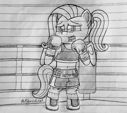 Size: 1280x1135 | Tagged: safe, artist:ct1443ae, derpibooru import, fluttershy, pegasus, semi-anthro, boxing, boxing gloves, boxing ring, boxing shorts, clothes, image, jpeg, lined paper, mouth guard, open mouth, pencil drawing, shoes, shorts, solo, sports, traditional art