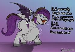 Size: 2096x1443 | Tagged: safe, artist:rubiont, derpibooru import, oc, oc:lupine, unofficial characters only, bat pony, bat pony predator, belly, big belly, fangs, image, png, safe vore, sketch, smiling, speech bubble, spread wings, squirming, vore, walking, wings