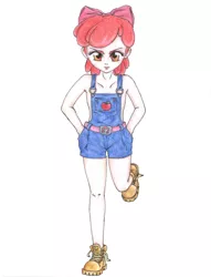 Size: 2495x3261 | Tagged: safe, artist:dantethehuman, derpibooru import, apple bloom, human, clothes, hand in pocket, humanized, image, jpeg, overalls, simple background, solo, white background