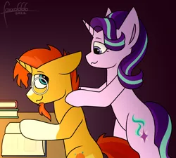 Size: 4000x3600 | Tagged: safe, artist:foxxo666, derpibooru import, starlight glimmer, sunburst, pony, unicorn, female, glasses, high res, image, jpeg, looking at each other, looking at someone, male, massage, reading, shipping, simple background, smiling, starburst, straight