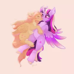 Size: 1920x1920 | Tagged: safe, artist:nyota71, derpibooru import, fluttershy, twilight sparkle, twilight sparkle (alicorn), alicorn, pegasus, pony, blushing, chest fluff, cloven hooves, colored hooves, colored wings, cute, eyes closed, female, image, jpeg, lesbian, mare, redesign, shipping, shyabetes, snuggling, twiabetes, twishy, unshorn fetlocks, wings