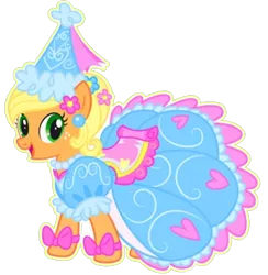 Size: 638x655 | Tagged: safe, artist:darlycatmake, derpibooru import, applejack, earth pony, pony, look before you sleep, bow, clothes, dress, flower, flower in hair, froufrou glittery lacy outfit, happy, hat, hennin, image, looking at you, png, princess, princess applejack, smiling, smiling at you, vector