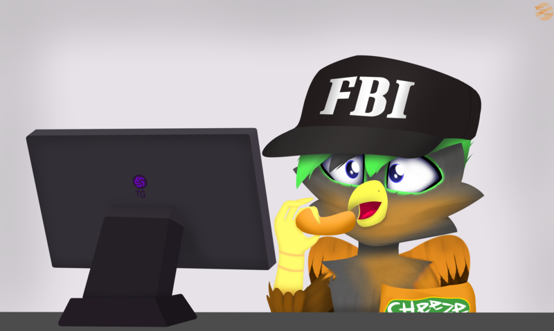 Size: 5024x3001 | Tagged: safe, artist:toxinagraphica, derpibooru import, oc, oc:lemno tea, unofficial characters only, gryphon, baseball cap, cap, cheetos, fbi, feather, griffon oc, hat, image, logo, madagascar, male, meme, monitor, open mouth, png, shocked, signature, skipper, small eyes, solo, table, wings