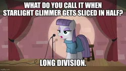 Size: 800x450 | Tagged: safe, derpibooru import, maud pie, starlight glimmer, image, implied starlight glimmer, jpeg, long glimmer, long pony, maud the comedian, pun, stand-up comedy