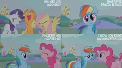 Size: 1280x720 | Tagged: safe, derpibooru import, edit, edited screencap, editor:quoterific, screencap, applejack, fluttershy, pinkie pie, rainbow dash, rarity, earth pony, pegasus, pony, unicorn, dragonshy, season 1, ^^, applejack's hat, cowboy hat, cute, eyes closed, female, hat, image, jpeg, laughing, mare, nose in the air, open mouth, open smile, raribetes, smiling, spread wings, text, wings