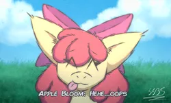Size: 3500x2100 | Tagged: safe, artist:supasurida, artist:zackhamiltonssb5, derpibooru import, apple bloom, earth pony, pony, :3, :p, ^^, adorabloom, big ears, bow, cloud, cute, dialogue, eye clipping through hair, eyes closed, female, filly, foal, hair bow, image, png, solo, text, tongue out