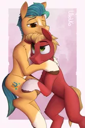 Size: 2547x3836 | Tagged: safe, artist:uliovka, derpibooru import, hitch trailblazer, sprout cloverleaf, g5, gay, hug, image, male, png, purple background, simple background