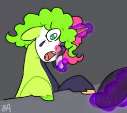 Size: 832x740 | Tagged: safe, artist:greenarsonist, derpibooru import, oc, oc:jesse wisecracker, unofficial characters only, pony, unicorn, clown makeup, face paint, horn, image, magic, makeup, nonbinary, png, red nose, shorn fetlocks, solo, telekinesis, two toned mane, unicorn oc