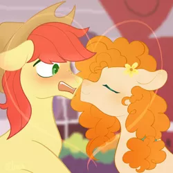 Size: 2048x2048 | Tagged: safe, artist:fnails, artist:fourteennails, derpibooru import, bright mac, pear butter, earth pony, pony, about to kiss, blushing, blushing profusely, boop, brightbutter, canon ship, duo, embarrassed, eyes closed, female, flower, flower in hair, heart, image, male, mare, noseboop, nuzzling, png, shipping, stallion, straight