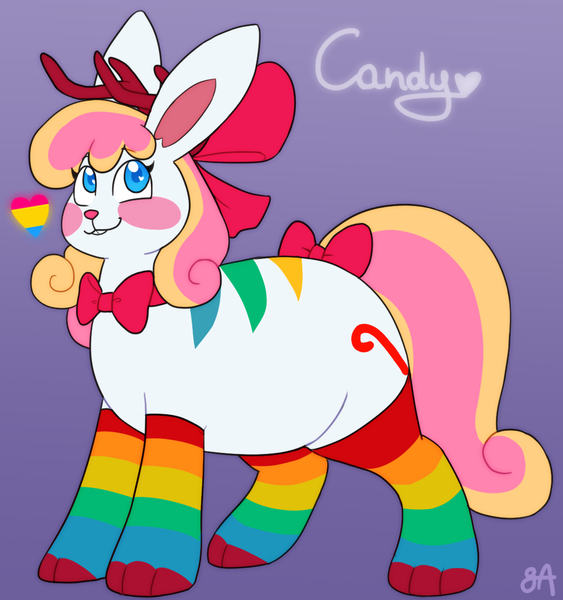 Size: 1090x1161 | Tagged: safe, artist:greenarsonist, derpibooru import, oc, oc:candy🍭, unofficial characters only, jackalope, bow, bowtie, clothes, fat, hair bow, horns, image, pansexual, pansexual pride flag, png, pride, pride flag, rainbow, rainbow socks, socks, striped socks, tail, tail bow
