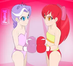 Size: 1280x1154 | Tagged: safe, artist:pugilismx, apple bloom, diamond tiara, human, bandeau, boxing, boxing gloves, clothes, humanized, image, jpeg, leotard, sports, sports panties