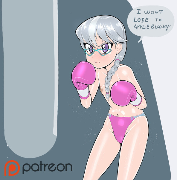 Size: 1036x1050 | Tagged: questionable, artist:pugilismx, banned from derpibooru, silver spoon, human, boxing, boxing gloves, breasts, clothes, delicious flat chest, female, humanized, image, jpeg, lolicon, partial nudity, speech bubble, sports, topless, underage