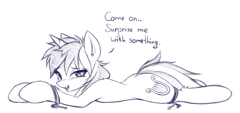 Size: 1570x738 | Tagged: suggestive, artist:fajeh, derpibooru import, lyra heartstrings, pony, unicorn, bdsm, bedroom eyes, derpibooru exclusive, ear fluff, eye clipping through hair, eyebrows, female, image, looking at you, lying down, monochrome, open mouth, png, raised eyebrow, simple background, sketch, smiling, smiling at you, solo, solo female, talking, tied up, white background