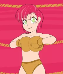 Size: 1044x1220 | Tagged: suggestive, artist:pugilismx, banned from derpibooru, babs seed, human, boxing, boxing gloves, clothes, female, humanized, image, jpeg, lolicon, partial nudity, sports, topless, underage