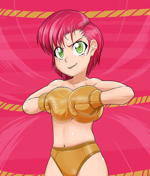 Size: 1044x1220 | Tagged: suggestive, artist:pugilismx, banned from derpibooru, babs seed, human, boxing, boxing gloves, clothes, female, humanized, image, jpeg, lolicon, partial nudity, sports, topless, underage