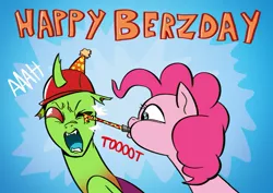 Size: 1169x827 | Tagged: safe, artist:doublewbrothers, derpibooru import, pinkie pie, oc, oc:berzie, changedling, changeling, earth pony, pony, happy birthday, image, jpeg, one eye closed, open mouth