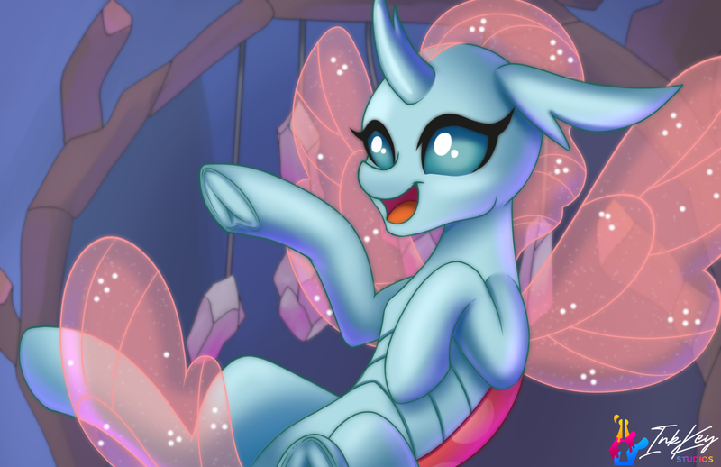 Size: 1224x792 | Tagged: safe, artist:inkkeystudios, derpibooru import, ocellus, changedling, changeling, cute, diaocelles, flying, image, png, signature, solo