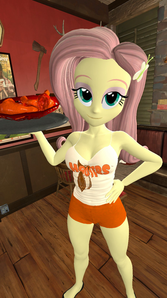 Size: 900x1600 | Tagged: safe, artist:oatmeal!, derpibooru import, fluttershy, equestria girls, 3d, breasts, busty fluttershy, chicken meat, clothes, food, fried chicken, gmod, hand on hip, hooters, image, looking at you, meat, plate, platter, png, restaurant, sexy, shorts, solo, spread legs, spreading, tanktop, waitress, wide hips