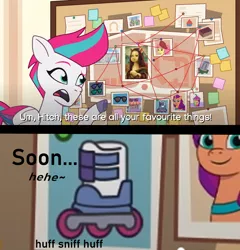 Size: 1772x1842 | Tagged: suggestive, derpibooru import, screencap, posey (g5), sunny starscout, zipp storm, earth pony, pegasus, pony, my little pony: tell your tale, spoiler:g5, spoiler:my little pony: tell your tale, spoiler:tyts01e08, beret, drink, female, foal me once, g5, hat, image, implied hoof fetish, mare, mona lisa, png, roller skates, smiling, smoothie, sunglasses