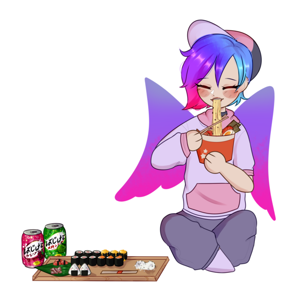 Size: 2800x2800 | Tagged: safe, artist:idkhesoff, derpibooru import, oc, oc:galaxy (pegasus), unofficial characters only, human, baseball cap, blushing, cap, chopsticks, clothes, commission, cute, drink, eating, eyes closed, female, food, hat, hoodie, humanized, humanized oc, image, japanese, moon runes, noodles, onigiri, pants, png, ramen, rice, simple background, sitting, socks, soda, solo, sushi, sweatpants, transparent background, tray, winged humanization, wings, ych result